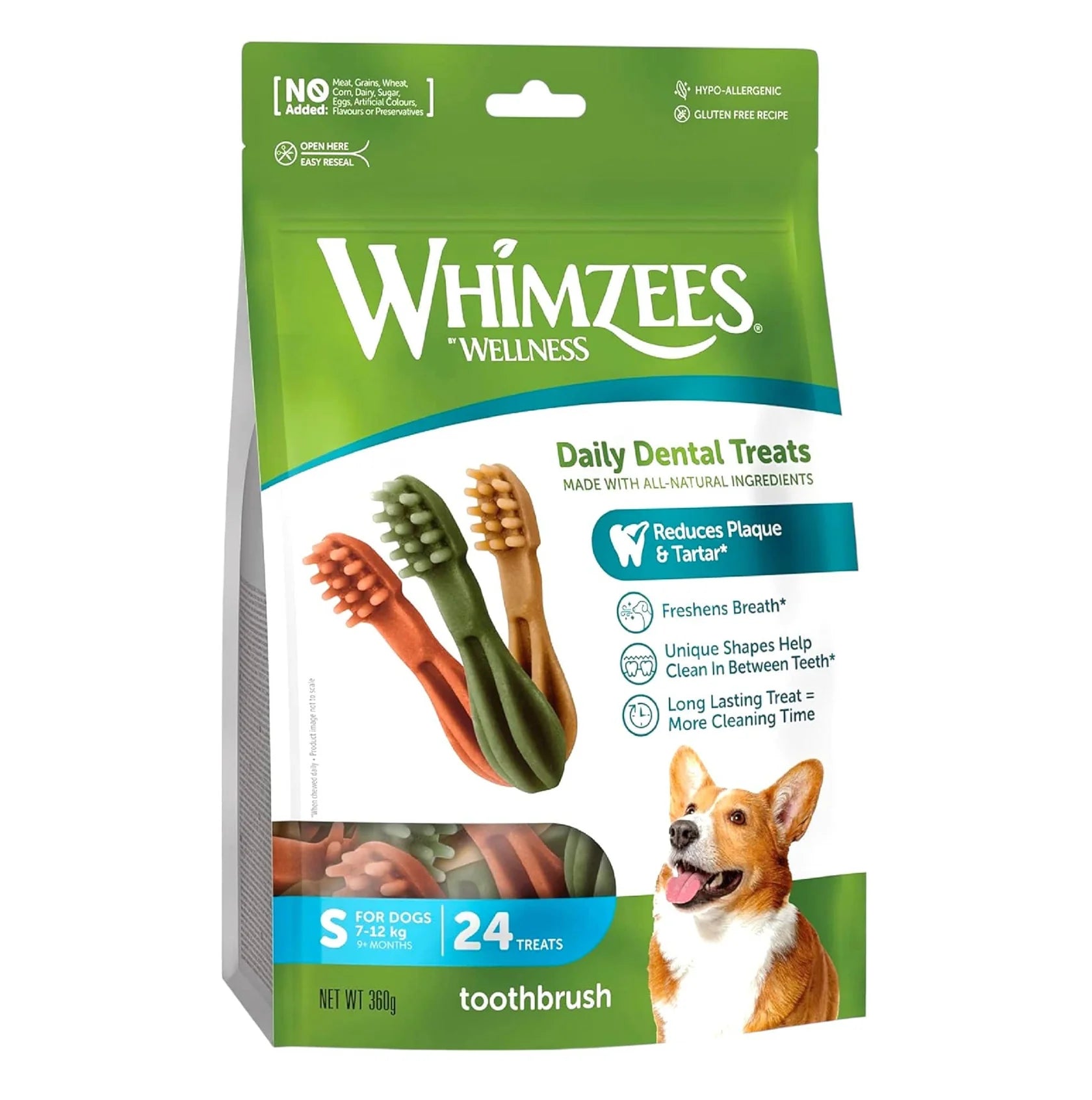 Whimzees Premio Dental Vegetariano Forma Cepillo de Dientes Chico para Perro, 24 piezas
